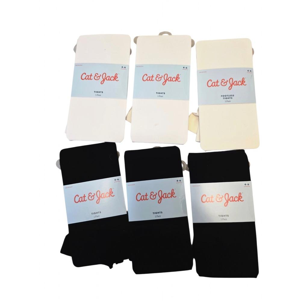 Cat & Jack Girls Tights 6 Pack Size 4-6 Black White Cream Footed Footless NEW